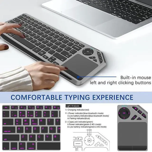 Alt view image 4 of 7 - 2.4G Wireless Bluetooth Dual Mode Connection TV Keyboard with Touchpad Media Control Multimedia Rechargeable 7Color Backlit Keyboard for Computer, Smart TV, Desktop, Laptop, iPad, Tablet