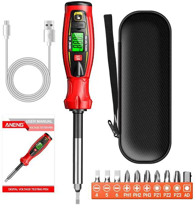 Main image of Digital Voltage Tester Pen, Non Contact Voltage Testing Pen Rechargeable AC Voltage 30V -1000V NCV Detection Replaceable 10 in 1 Batch Heads with LED Light (RED)