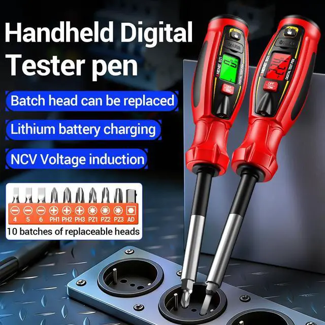 Alt view image 2 of 7 - Digital Voltage Tester Pen, Non Contact Voltage Testing Pen Rechargeable AC Voltage 30V -1000V NCV Detection Replaceable 10 in 1 Batch Heads with LED Light (RED)