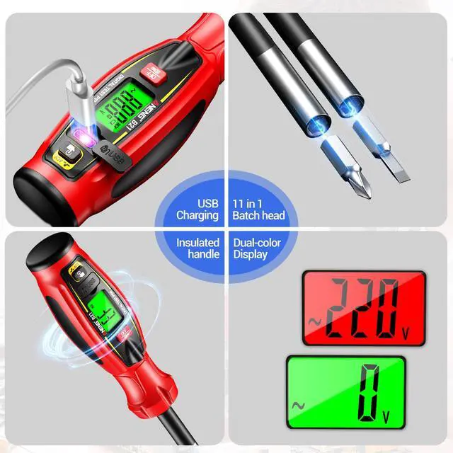 Alt view image 4 of 7 - Digital Voltage Tester Pen, Non Contact Voltage Testing Pen Rechargeable AC Voltage 30V -1000V NCV Detection Replaceable 10 in 1 Batch Heads with LED Light (RED)