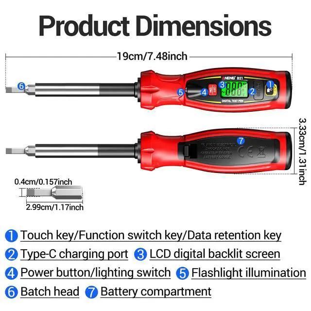 Alt view image 5 of 7 - Digital Voltage Tester Pen, Non Contact Voltage Testing Pen Rechargeable AC Voltage 30V -1000V NCV Detection Replaceable 10 in 1 Batch Heads with LED Light (RED)