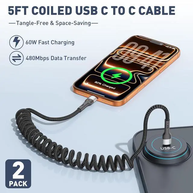 Alt view image 2 of 6 - USB C to C Cable 2 Pack 5FT Coiled USB C Cable Retractable & Tangle-Free