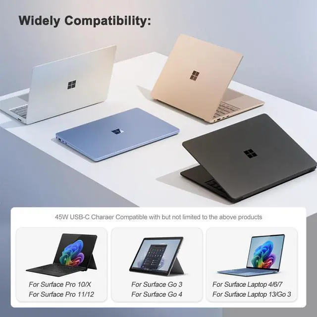 Alt view image 7 of 7 - 45W USB-C Charger Compatible with Surface pro 10/X/11/12,Power Adapter for iPad Pro 12.9/11(M2)/Air (9th Gen),Compatible with Microsoft Surface Laptop&Tablet Type C Power Adapter