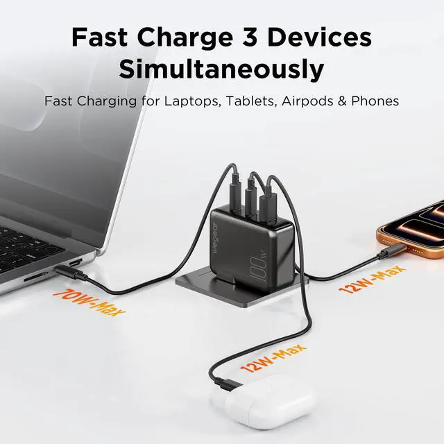 Alt view image 3 of 7 - 100W GaN USB C Charger Block, 3-Port Slim Foldable Fast Wall Charger for MacBook Pro, iPad, iPhone 17/16/15 Series, Galaxy S25/S24, Dell XPS, Steam Deck, Compact Travel Power Adapter (Black)