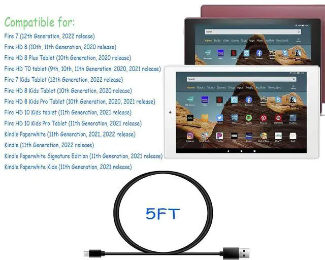 Alt view image 2 of 6 - Fast Charger Fire HD 10 Tablet Cable Compatible for HD 8, Fire 7, Kindle (2019, 2020, 2021, 2022 Release, 9th, 10th, 11th, 12th Generation) Kids Pro Plus Gen Tablet USB C Charging Cord Adapter (5ft)