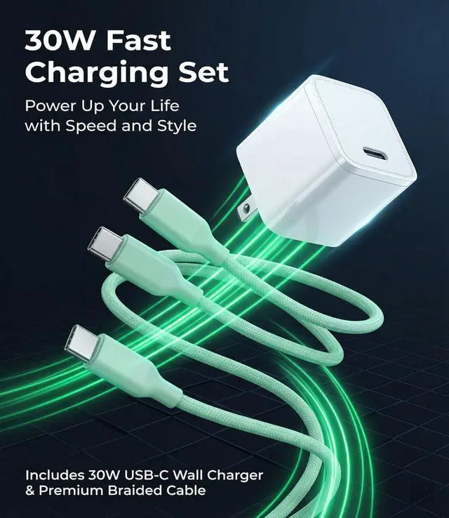 Alt view image 2 of 7 - 30W USB C Fast Charger, PD PPS Charger, 3 Cables, Green