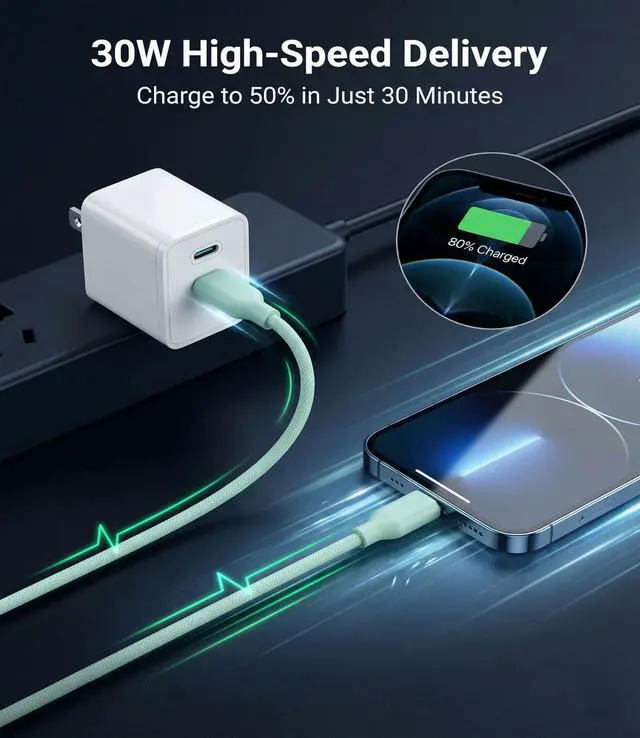 Alt view image 3 of 7 - 30W USB C Fast Charger, PD PPS Charger, 3 Cables, Green
