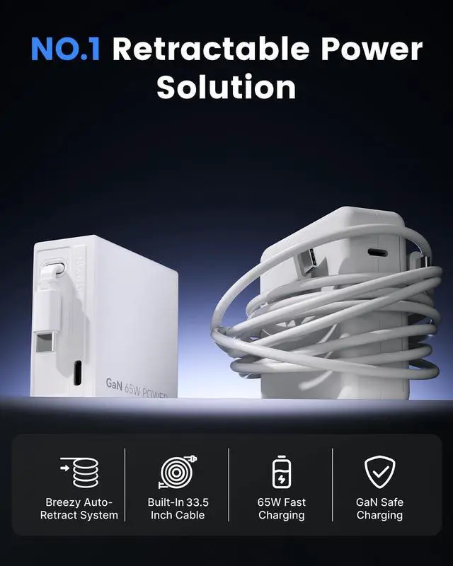 Alt view image 3 of 7 - 65W USB C Retractable Wall Charger with Built-in Type-C Cable, 2-in-1 Foldable Fast Charger Block, Travel Essentials Compatible for Laptop, MacBook Pro/Air, iPhone 17/16, iPad, Galaxy, Pixel