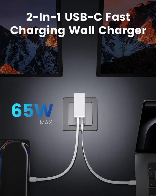 Alt view image 4 of 7 - 65W USB C Retractable Wall Charger with Built-in Type-C Cable, 2-in-1 Foldable Fast Charger Block, Travel Essentials Compatible for Laptop, MacBook Pro/Air, iPhone 17/16, iPad, Galaxy, Pixel