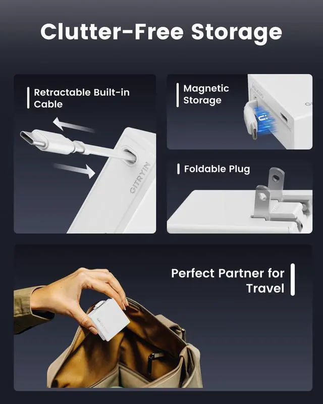 Alt view image 7 of 7 - 65W USB C Retractable Wall Charger with Built-in Type-C Cable, 2-in-1 Foldable Fast Charger Block, Travel Essentials Compatible for Laptop, MacBook Pro/Air, iPhone 17/16, iPad, Galaxy, Pixel