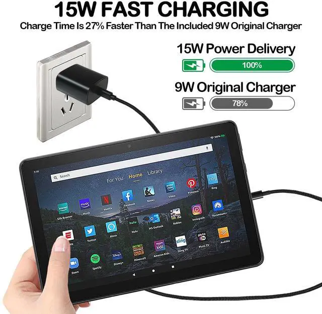 Alt view image 5 of 7 - 15W USB C Fast Charger for Kindle Fire Tablet (9-13th) HD 8 10 11 Max(Plus/Kids/Kids Pro) Paperwhite/Scribe E-Reader(11th) with 6.6Ft Type-C Cable
