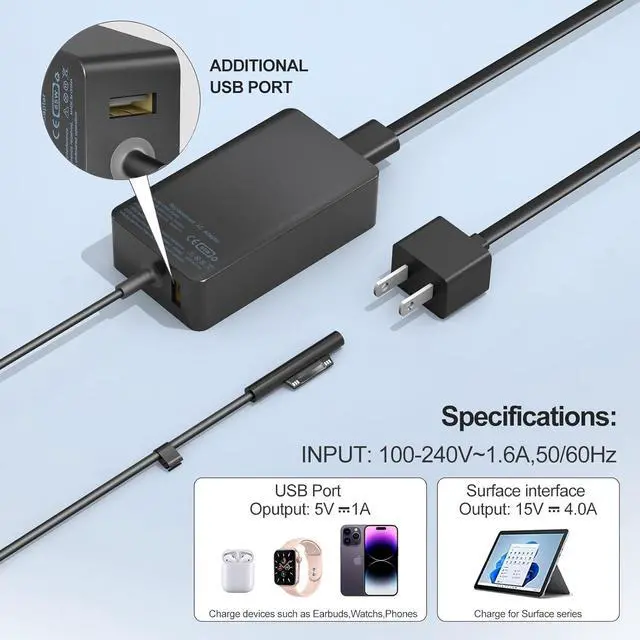 Alt view image 3 of 7 - 65W Surface Pro Laptop Charger for Microsoft Surface Pro 11,10, 9, 8, 7+, 7, 6, 5 Surface Laptop 5 Studio 4 Go 3 2, Surface Book 3 2 1, Surface Go Tablet, Support 36W, 44W