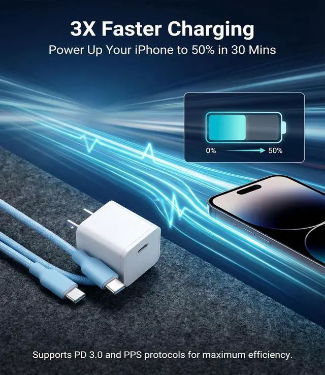 Alt view image 3 of 7 - 30W USB C Fast Charger, PD PPS Charger, 3 Cables, Blue