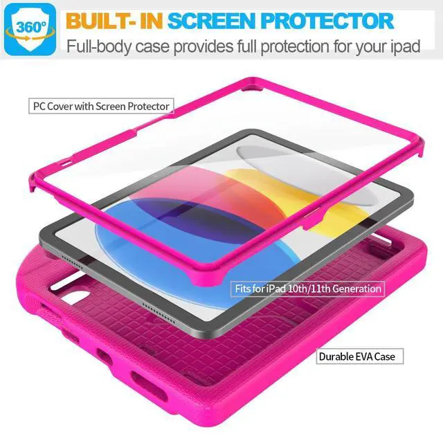 Alt view image 6 of 7 - Kids Case for iPad A16 11-Inch 2025 (11th Gen) & iPad 10th Generation (10.9" 2022), Durable Shockproof Stand Cover with Screen Protector/Pencil Holder/Handle for Kids, Pink