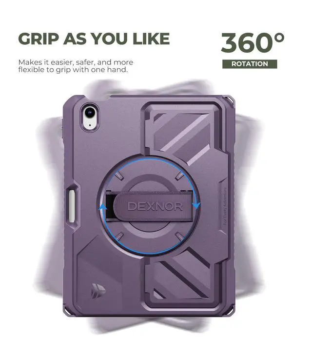 Alt view image 3 of 7 - Case for iPad (A16) 11th/10th Generation 2025/2022 (11/10.9),Rugged Protective Case with 360° Rotating Hand Strap& Stand & Screen Protector & Pencil Holder Shockproof Full-Body Cover, Purple