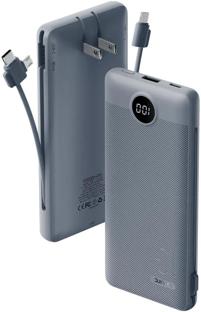 Main image of Portable Charger Built-in Cables and AC Wall Plug, USB C Power Bank 10000mAh, Travel Battery Portable Phone Charger Compact Lightweight External Battery Pack for Smart Phones, Tablets etc-Grey