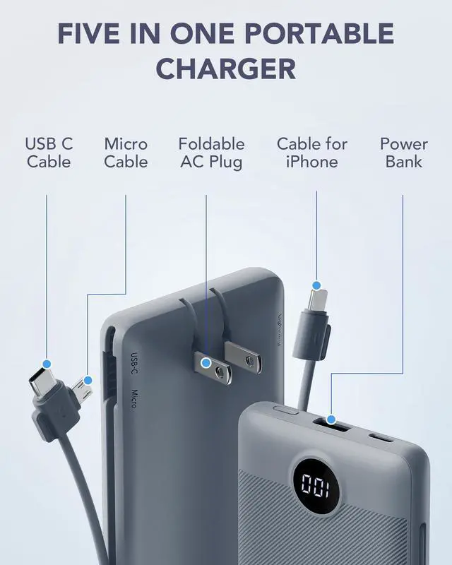 Alt view image 2 of 7 - Portable Charger Built-in Cables and AC Wall Plug, USB C Power Bank 10000mAh, Travel Battery Portable Phone Charger Compact Lightweight External Battery Pack for Smart Phones, Tablets etc-Grey
