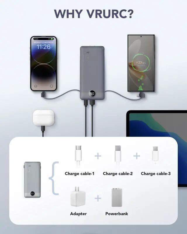 Alt view image 5 of 7 - Portable Charger Built-in Cables and AC Wall Plug, USB C Power Bank 10000mAh, Travel Battery Portable Phone Charger Compact Lightweight External Battery Pack for Smart Phones, Tablets etc-Grey