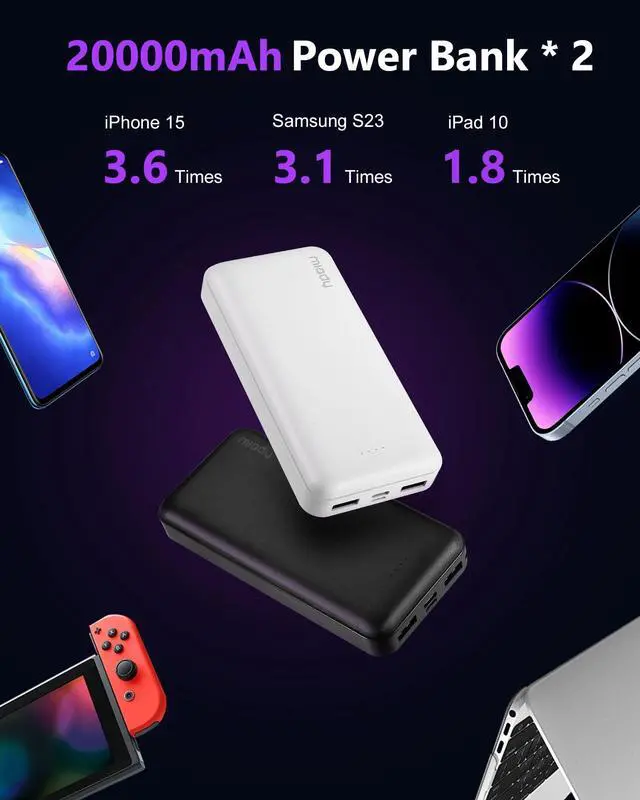 Alt view image 2 of 7 - 2-Pack Portable Charger 22.5W Power Bank 20000mAh Travel Battery Pack