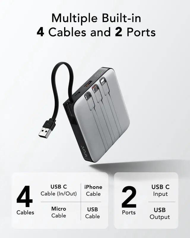 Alt view image 2 of 7 - 20000mAh Power Bank with 4 Built-in Cables, Travel Essentials, Grey(1 Pack)