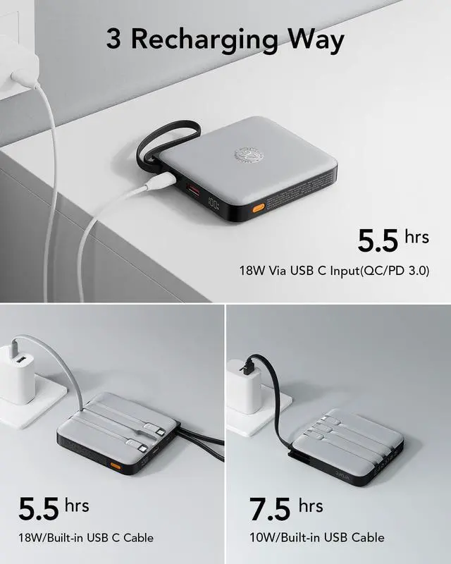 Alt view image 5 of 7 - 20000mAh Power Bank with 4 Built-in Cables, Travel Essentials, Grey(1 Pack)