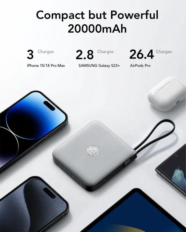 Alt view image 6 of 7 - 20000mAh Power Bank with 4 Built-in Cables, Travel Essentials, Grey(1 Pack)