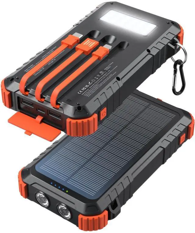 Main image of Solar Charger Power Bank 20000mAh Fast Charging Built-in 3 Cables LED Dual Flashlight Portable External Battery Pack with USB C Output Outdoor Camping Essentials for iPhone Samsung etc.