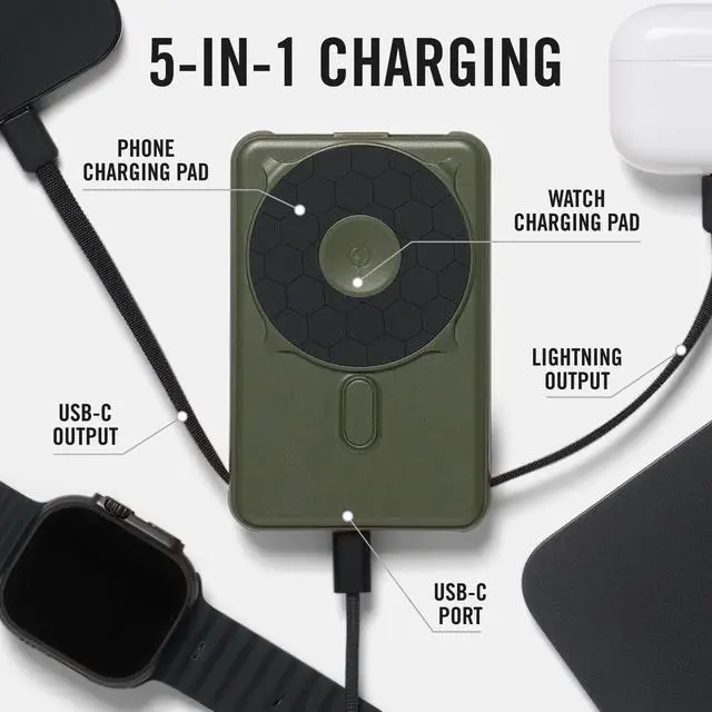 Alt view image 3 of 7 - 20W Magnetic Power Bank Battery Pack 10,000mAh - Fast Charging, Compatible with MagSafe - Portable Charger Flight-Safe Travel Powerbank - Built-in Cables & Magnetic Attachment (Matte Olive)
