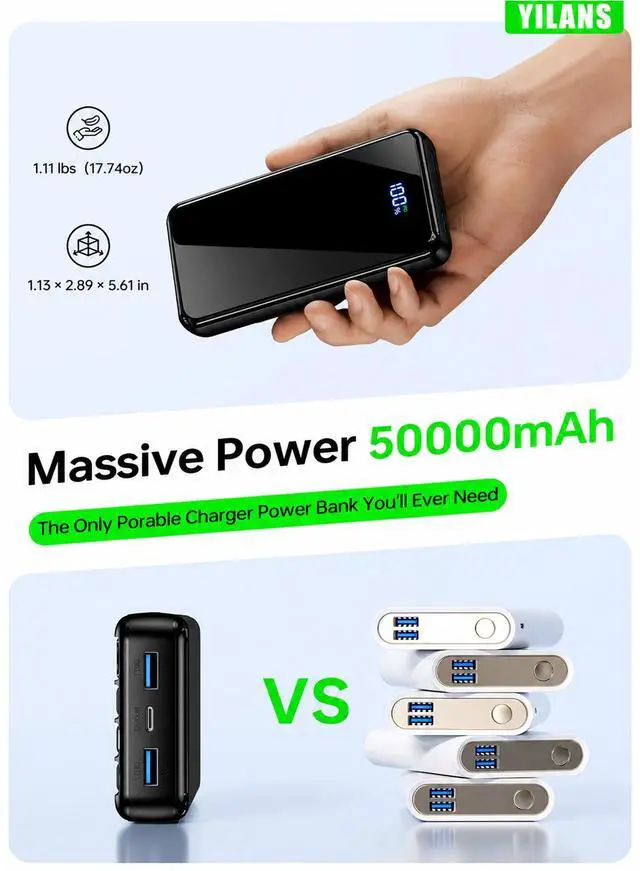 Alt view image 5 of 7 - Portable Charger 50000mAh, 22.5W Power Bank with Built-in 4 Cables