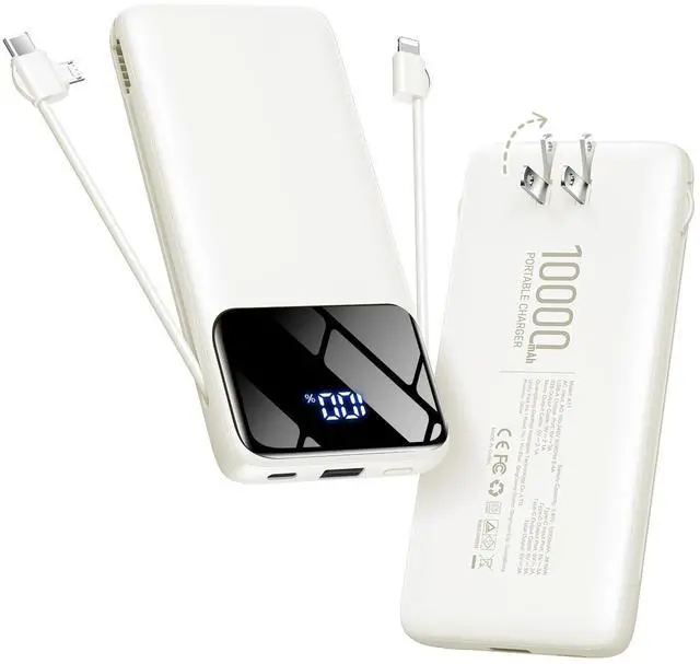 Main image of Portable Charger 10000mAh Power Bank with Built-in Cables and Wall Plug