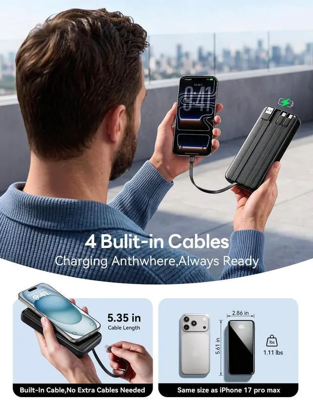 Alt view image 4 of 7 - 50000mAh Portable Charger, Built-in 4 Cables,22.5W Fast Charging Power Bank