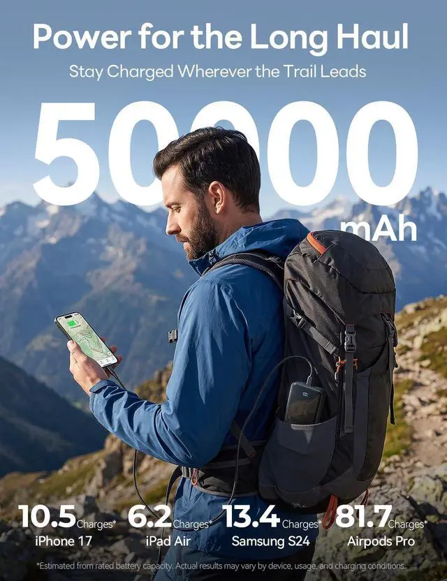 Alt view image 6 of 7 - 50000mAh Portable Charger, Built-in 4 Cables,22.5W Fast Charging Power Bank