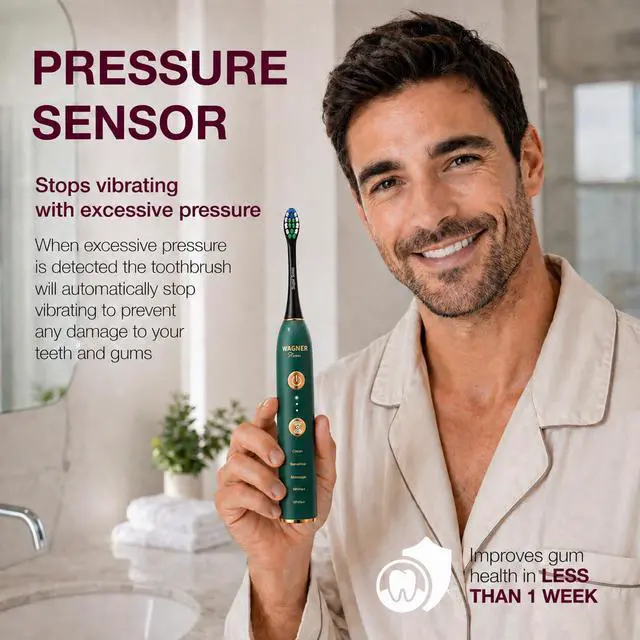 Alt view image 3 of 6 - WHITEN+ Electric Toothbrush, 48,000 VPM, Pressure Sensor, 5 Modes, 8 Brush Heads, Travel Case
