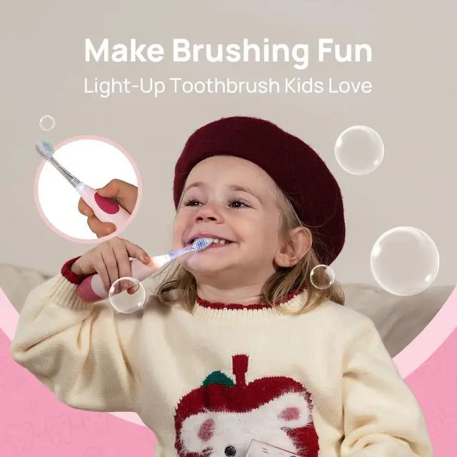 Alt view image 2 of 7 - Kids Electric Toothbrush for Ages 4+ Children Girls and Boys, USB Rechargeable with Smart Brushing Timer, LED Light & 4 Replacement Brush Heads, Pink
