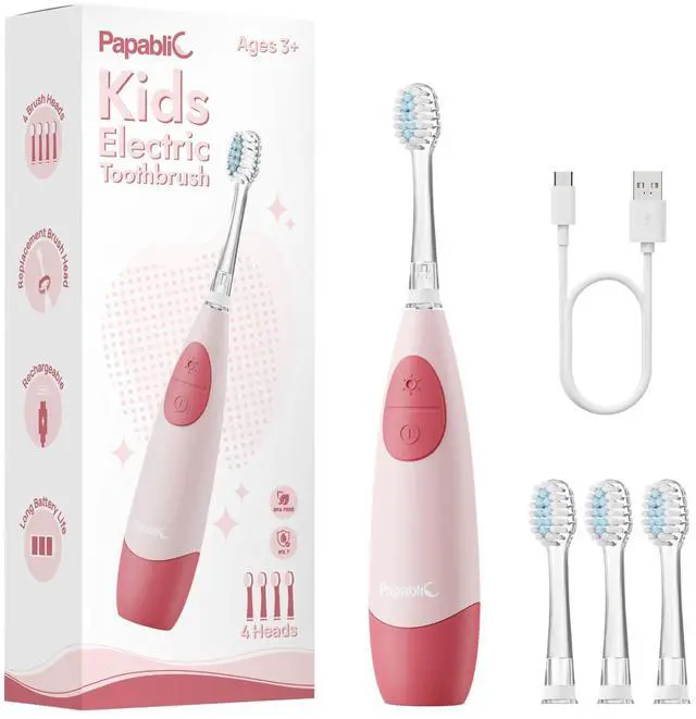 Main image of Kids Electric Toothbrush for Ages 4+ Children Girls and Boys, USB Rechargeable with Smart Brushing Timer, LED Light & 4 Replacement Brush Heads, Pink