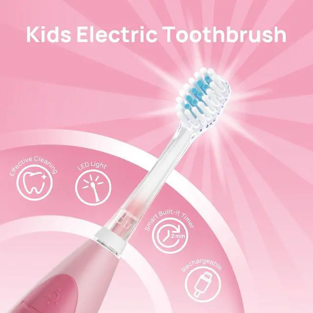 Alt view image 3 of 7 - Kids Electric Toothbrush for Ages 4+ Children Girls and Boys, USB Rechargeable with Smart Brushing Timer, LED Light & 4 Replacement Brush Heads, Pink