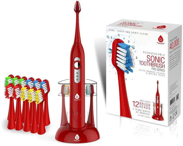 Main image of S430 Power Rechargeable Sonic Toothbrush: 40,000 Strokes Per Minute, 12 Brush Head Replacements & Toothbrush Set Included - RED