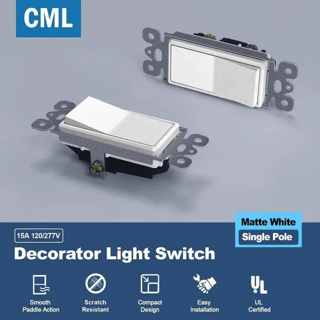 Alt view image 2 of 7 - Matte White Decorator Single Pole Light Switch, UL Listed, 20 Pack