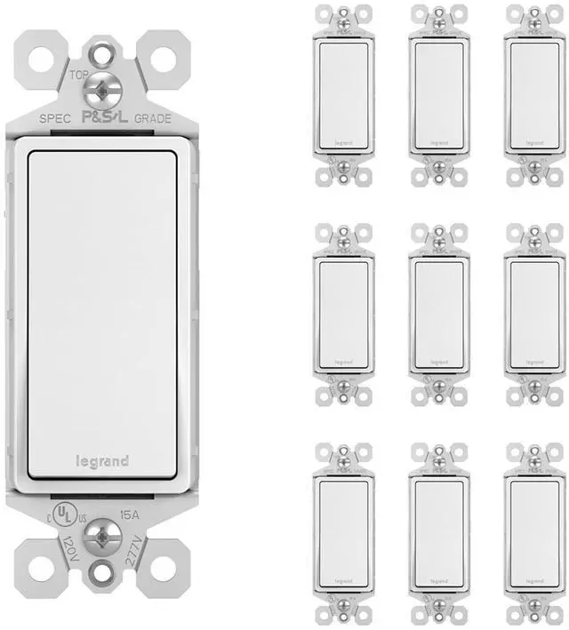 Main image of Legrand radiant TM870WCP6 15 Amp Rocker Wall Switch, Single Pole Decorator Light Switches, White (10 Pack)