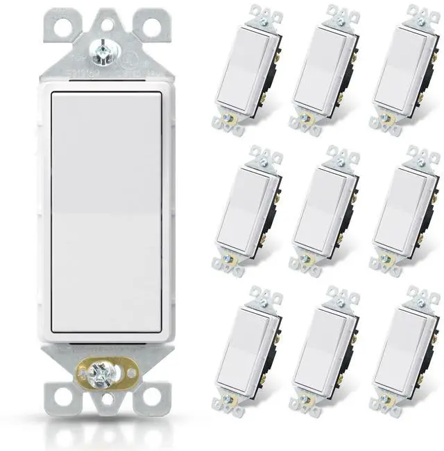 Main image of Matte White Single Pole Decorator Light Switch, 15Amp, 120-277V, Decorative Paddle Rocker Switch Replacement, On/Off Wall Switch, Self-Grounding, Residential/Commercial Grade, UL/CUL (10 Pack)