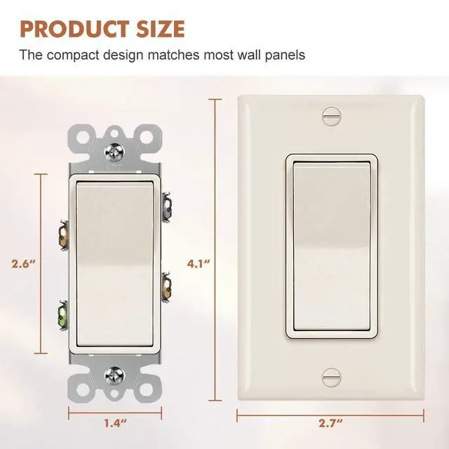 Alt view image 3 of 7 - Single Pole Decorator Wall Light Switch, Paddle Rocker Interrupter Residential Grade 3 Wires Grounding 15A 120/277V UL Listed (10 Pack, Glossy Ivory)