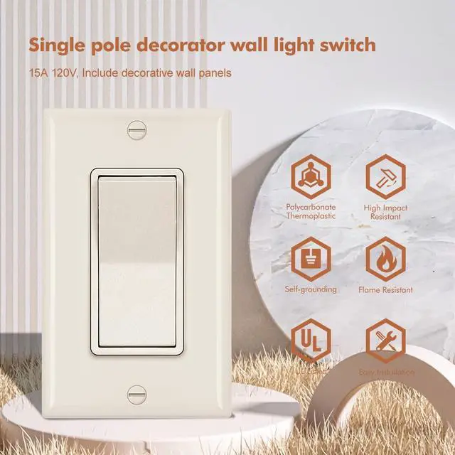 Alt view image 2 of 7 - Single Pole Decorator Wall Light Switch, Paddle Rocker Interrupter Residential Grade 3 Wires Grounding 15A 120/277V UL Listed (10 Pack, Glossy Ivory)