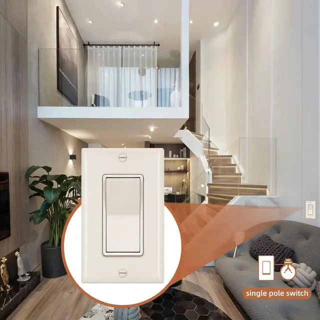Alt view image 5 of 7 - Single Pole Decorator Wall Light Switch, Paddle Rocker Interrupter Residential Grade 3 Wires Grounding 15A 120/277V UL Listed (10 Pack, Glossy Ivory)