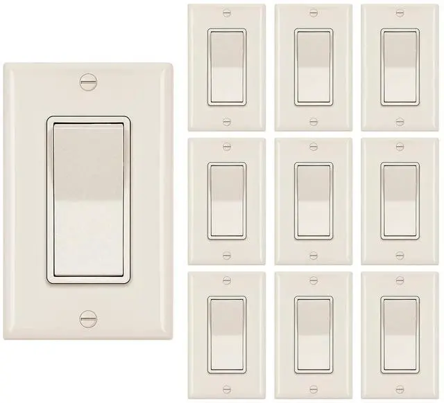 Main image of Single Pole Decorator Wall Light Switch, Paddle Rocker Interrupter Residential Grade 3 Wires Grounding 15A 120/277V UL Listed (10 Pack, Glossy Ivory)