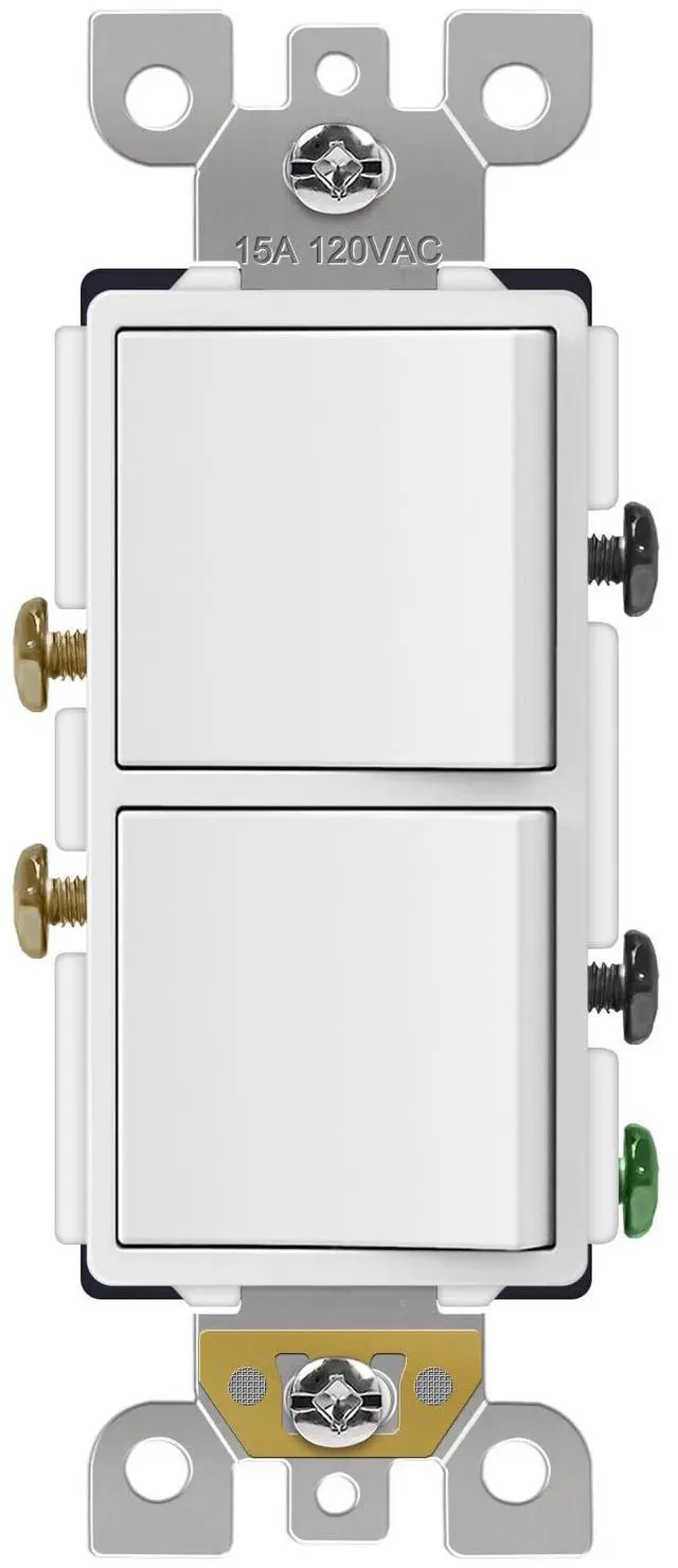 Main image of Double Rocker Decorator Light Switch, Dual Single Pole Paddle in-Wall Switch, Self-grounding Electrical On/Off Interrupter, 15A 120V, UL Listed, 1 Pack, White