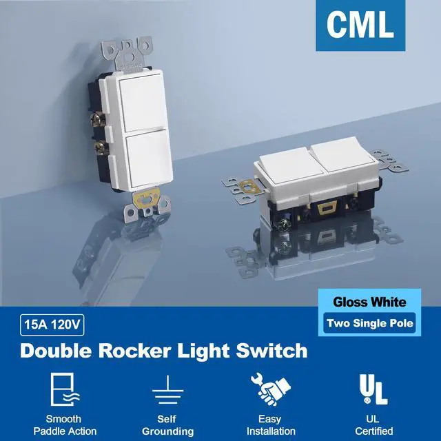 Alt view image 2 of 7 - Double Rocker Decorator Light Switch, Dual Single Pole Paddle in-Wall Switch, Self-grounding Electrical On/Off Interrupter, 15A 120V, UL Listed, 1 Pack, White