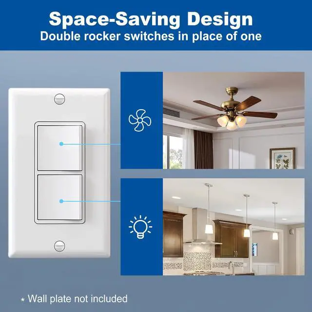 Alt view image 5 of 7 - Double Rocker Decorator Light Switch, Dual Single Pole Paddle in-Wall Switch, Self-grounding Electrical On/Off Interrupter, 15A 120V, UL Listed, 1 Pack, White
