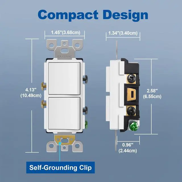 Alt view image 7 of 7 - Double Rocker Decorator Light Switch, Dual Single Pole Paddle in-Wall Switch, Self-grounding Electrical On/Off Interrupter, 15A 120V, UL Listed, 1 Pack, White