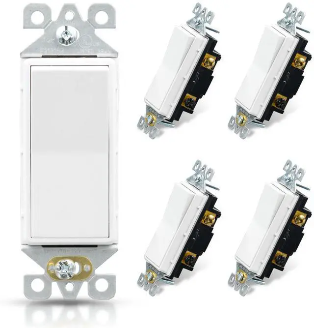 Main image of 3 Way Decorative Light Switch, 15Amp, 120-277 Volt, AC Decorator Rocker Paddle Wall Switch Replacement, Self-Grounding, Residential and Commercial Grade, UL Listed (5 Pack, Glossy White)