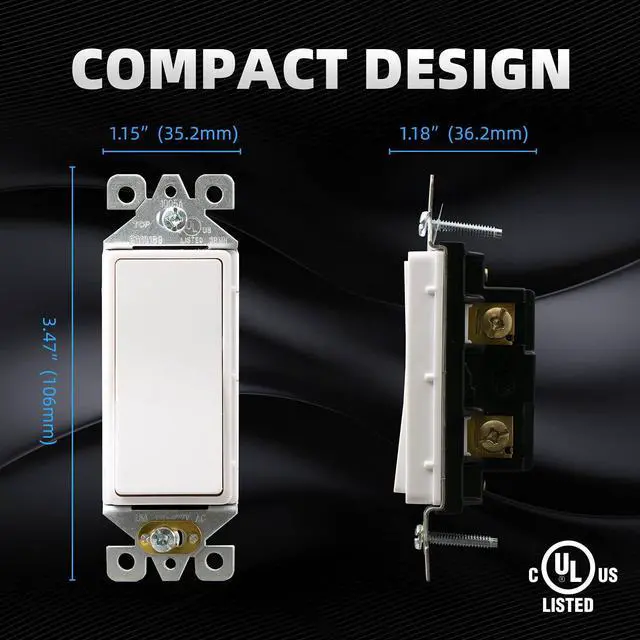 Alt view image 4 of 7 - 3 Way Decorative Light Switch, 15Amp, 120-277 Volt, AC Decorator Rocker Paddle Wall Switch Replacement, Self-Grounding, Residential and Commercial Grade, UL Listed (5 Pack, Glossy White)